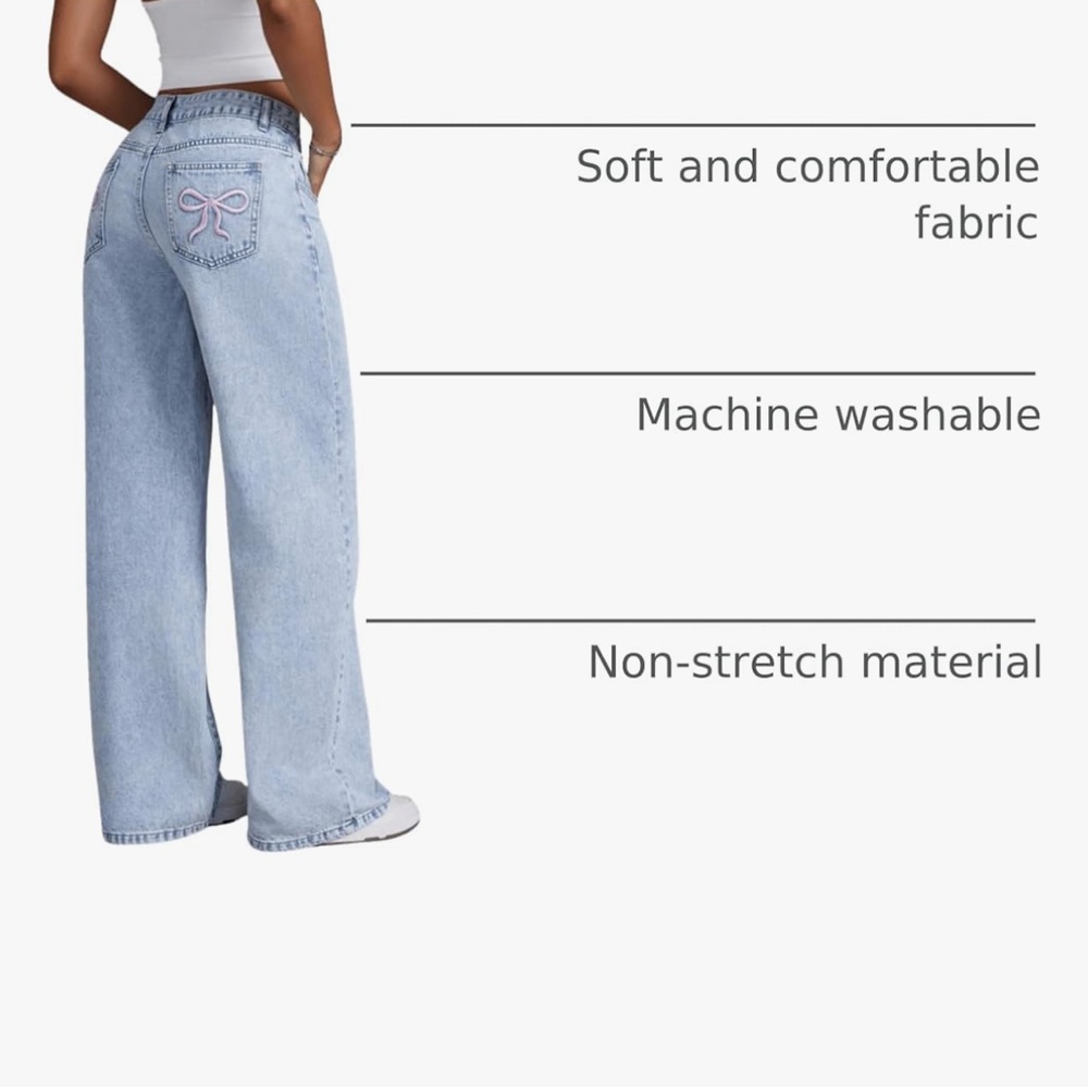 Bowknot Embroidery Jeans Y2k Straight Leg Boyfriend Denim Pants - Picture 5 of 11